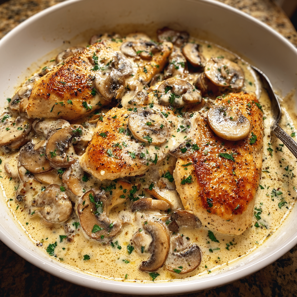 A bowl of creamy garlic chicken mushrooms.
