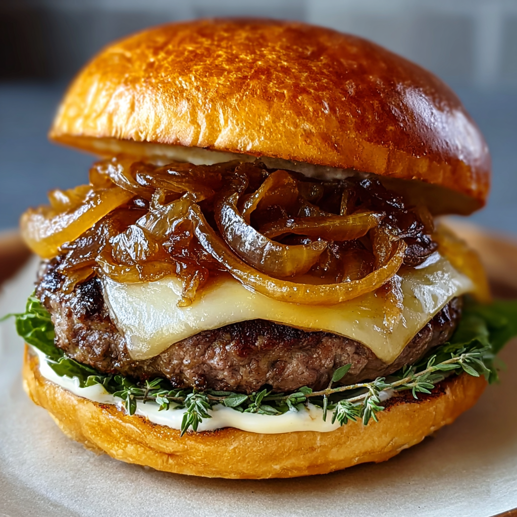 A burger with caramelized onions on top.