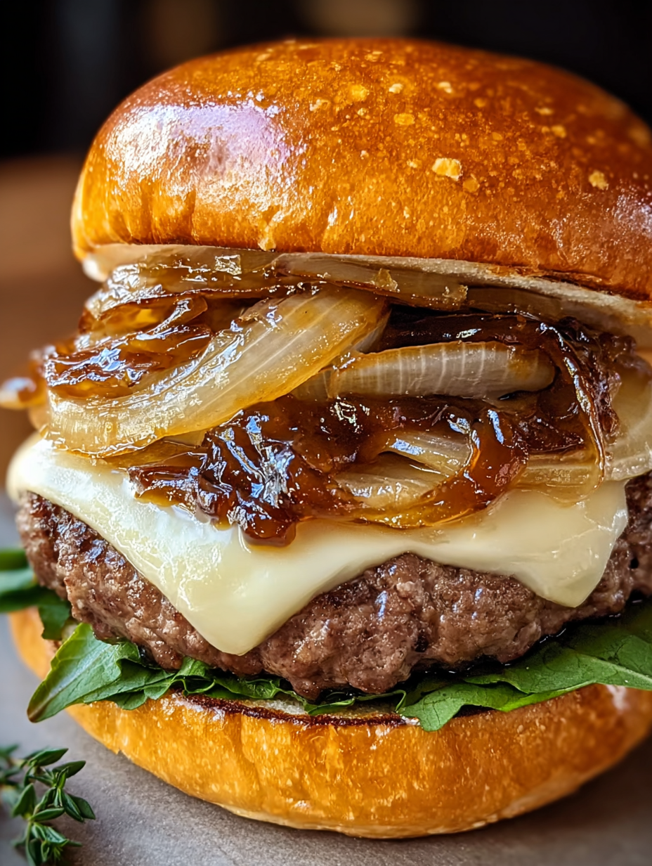A burger with caramelized onions on top.
