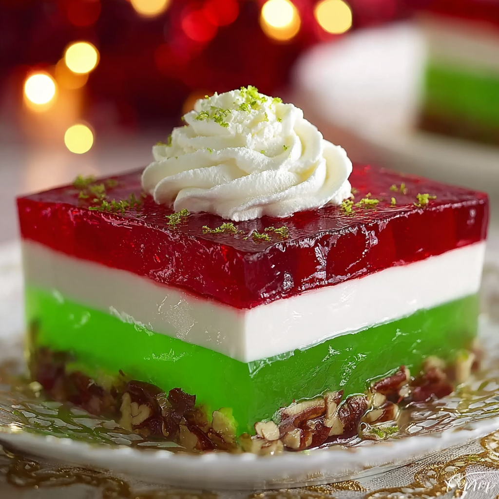 A slice of a layered dessert with white whipped cream and green and red layers.
