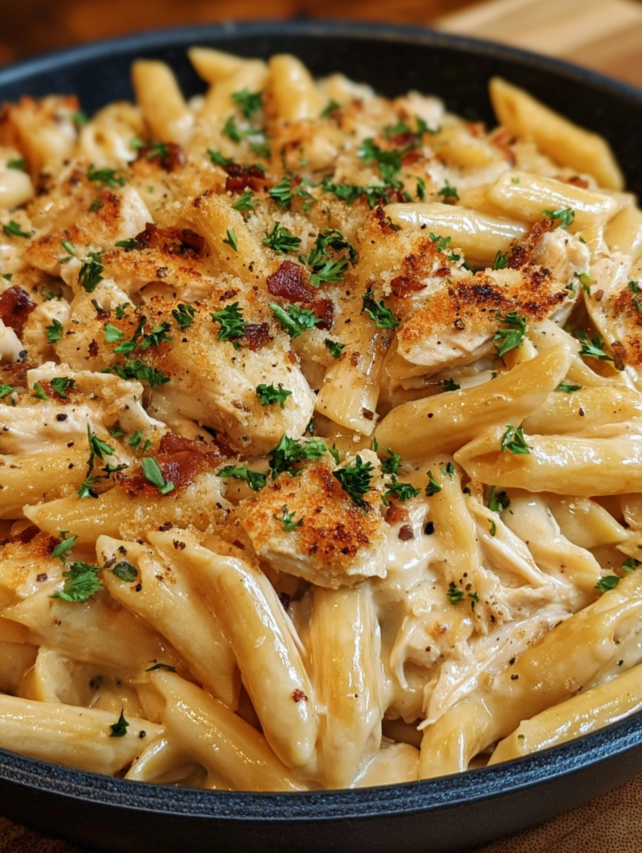 A dish of chicken and pasta.