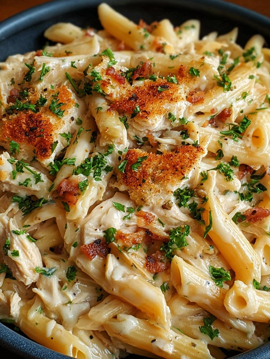A dish of pasta with chicken and bacon.