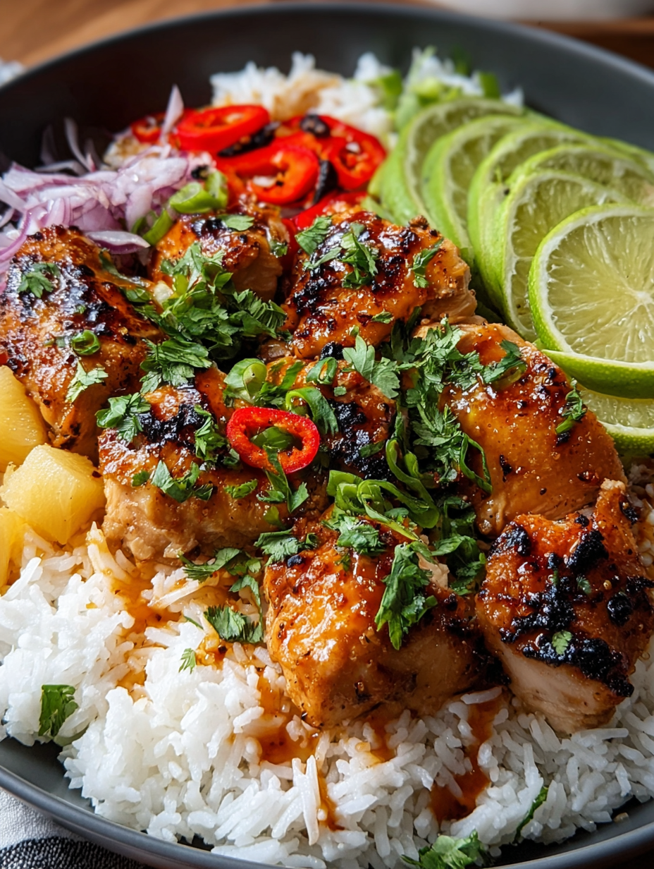 A plate of spicy maple chicken and coconut rice.