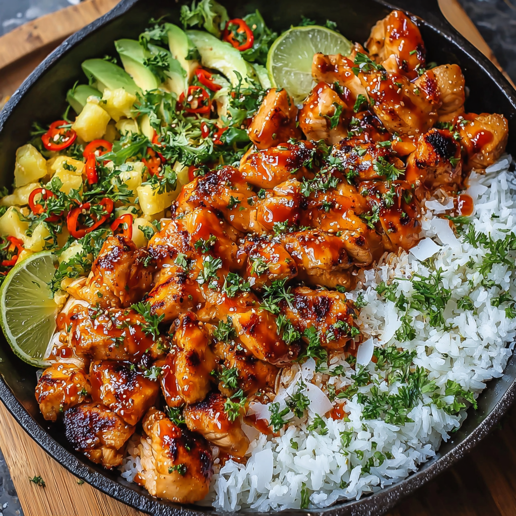 A dish of chicken and rice with a spicy maple glaze.