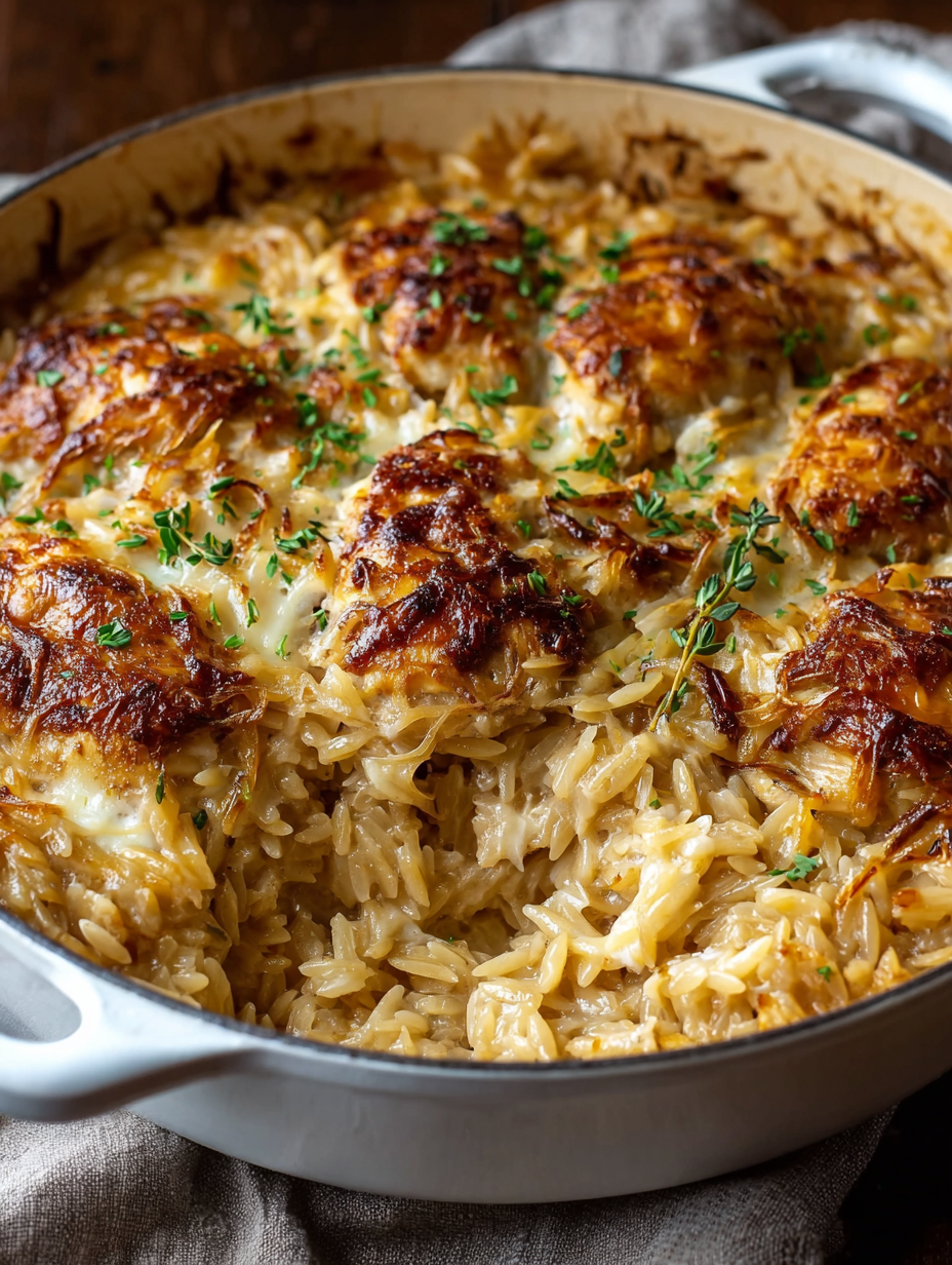 A close up of a delicious French Onion Chicken Orzo Casserole.