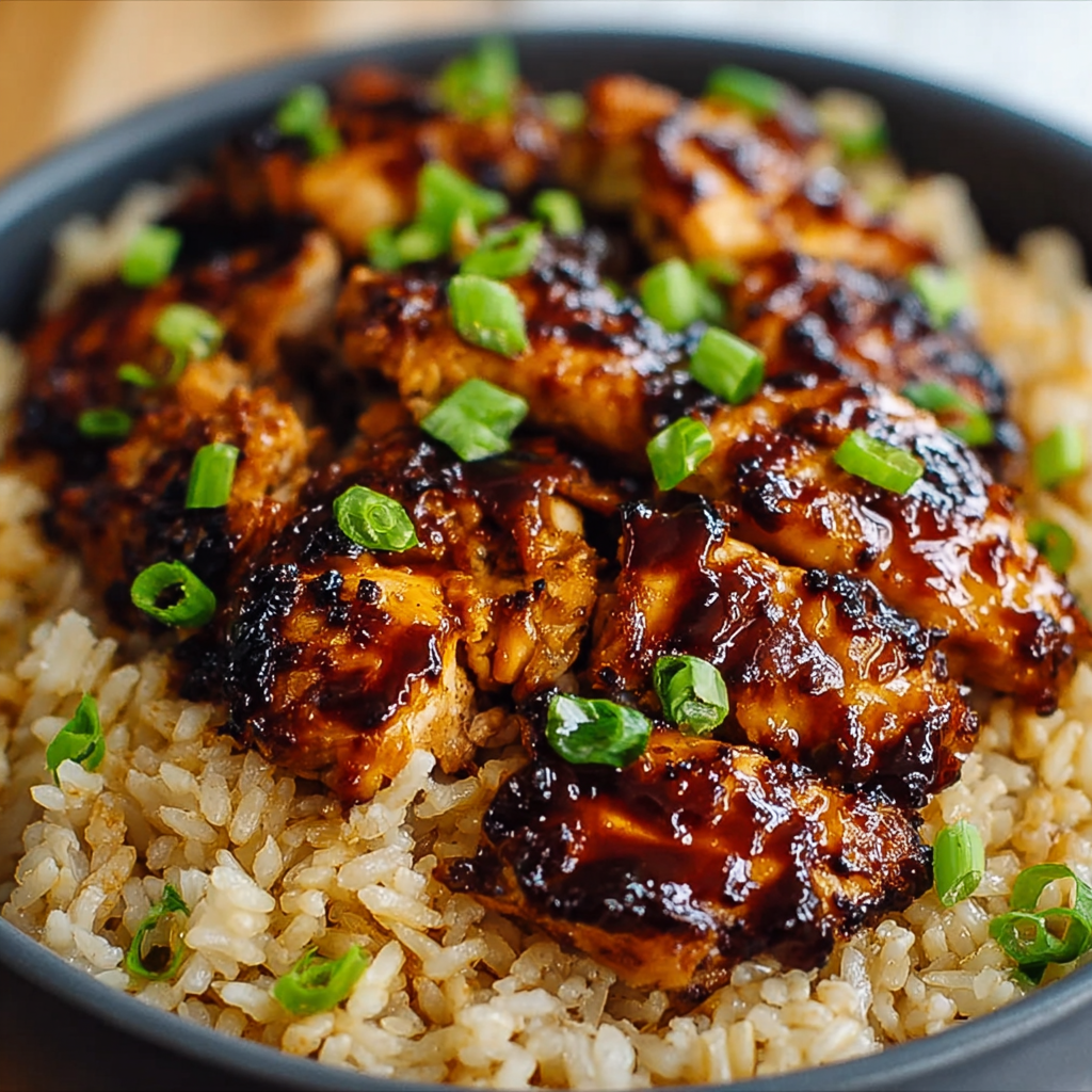 A bowl of rice with chicken and sauce.