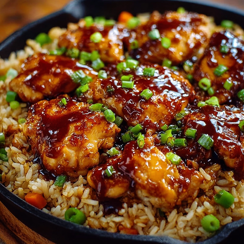 A plate of rice with chicken and sauce.