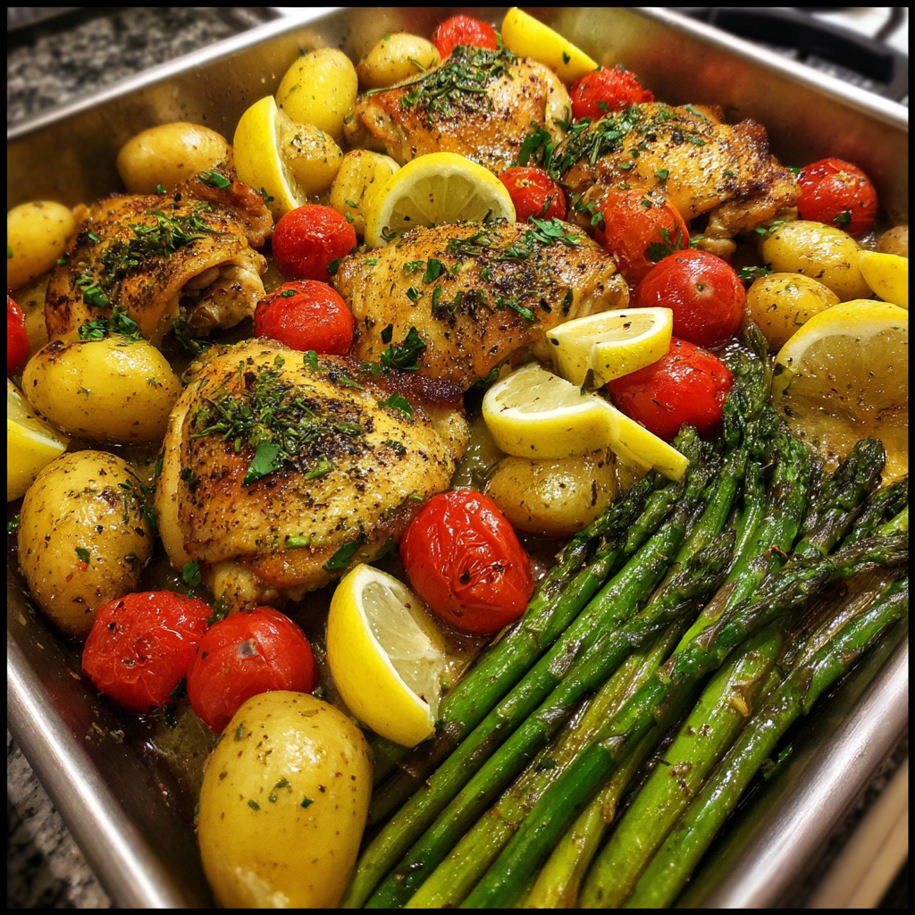 A pan of chicken, potatoes, and asparagus with lemon herb seasoning.