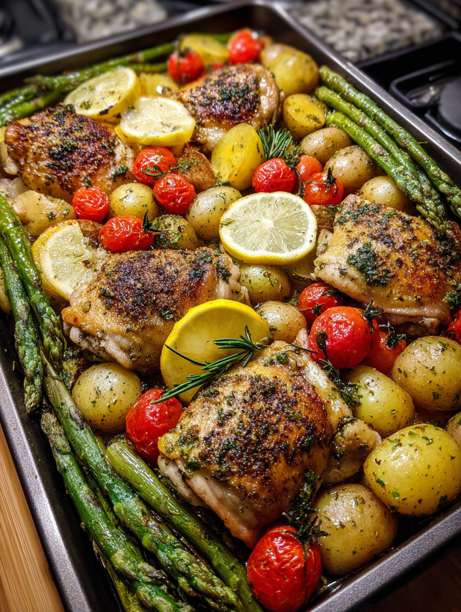A pan of chicken with lemon and herbs.