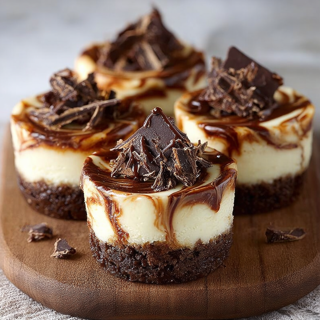 Mocha marble mini cheesecake with chocolate drizzle.