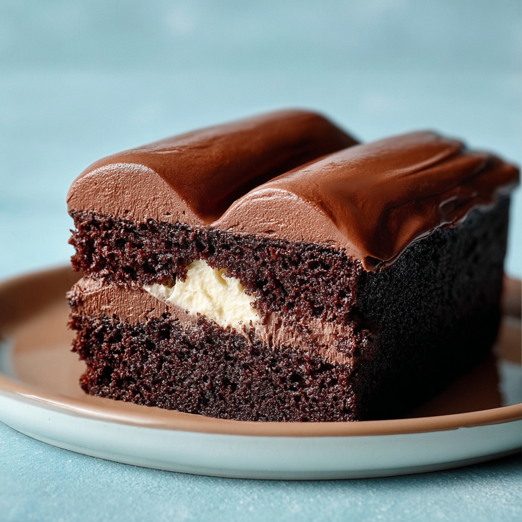 A slice of chocolate cake with white frosting.