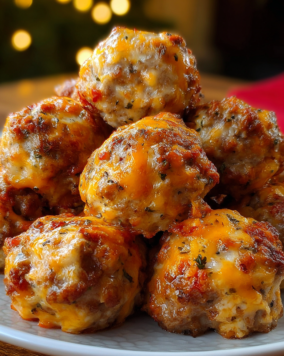 A plate of cheesy rotel sausage balls.
