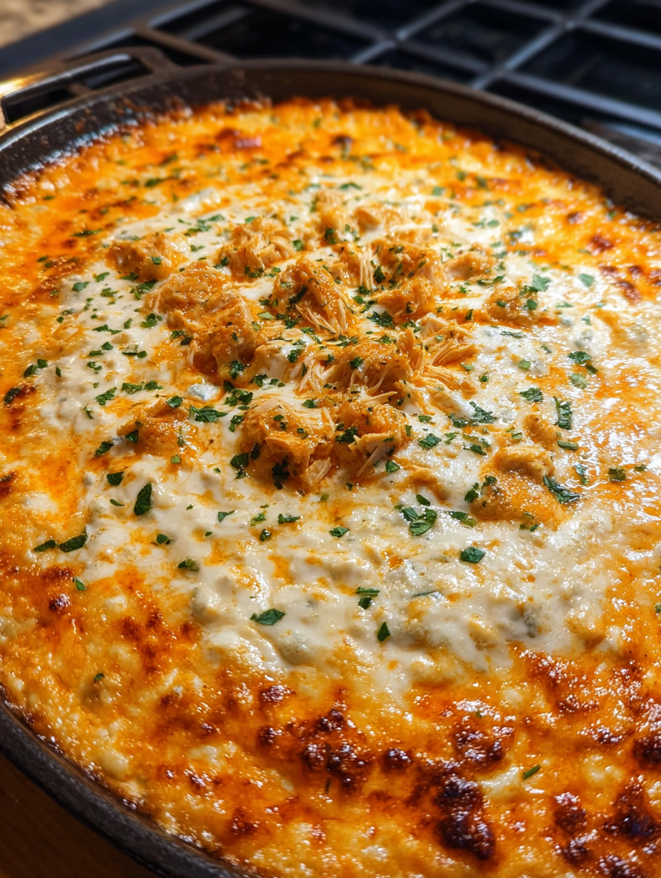 A close up of a delicious rotisserie buffalo chicken dip with ranch.