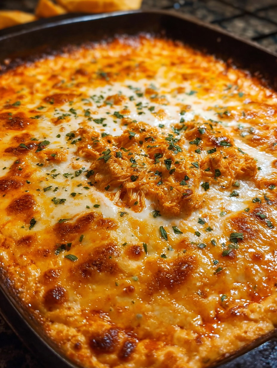 A close up of a delicious looking buffalo chicken dip.