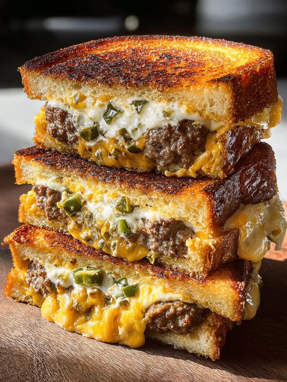 Three jalapeño popper patty melts stacked on a table.