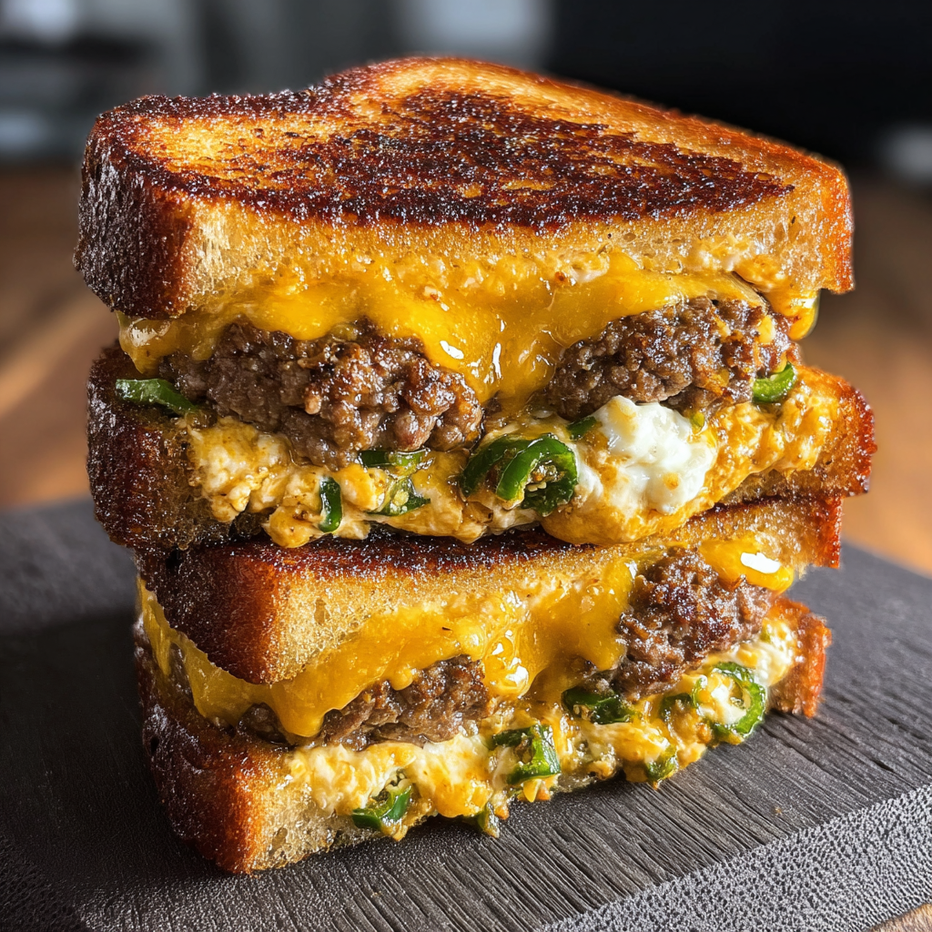 Two jalapeño popper patty melts stacked on top of each other.