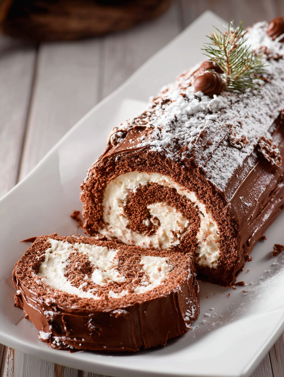 A chocolate cake with white icing and a sprig of pine on top.