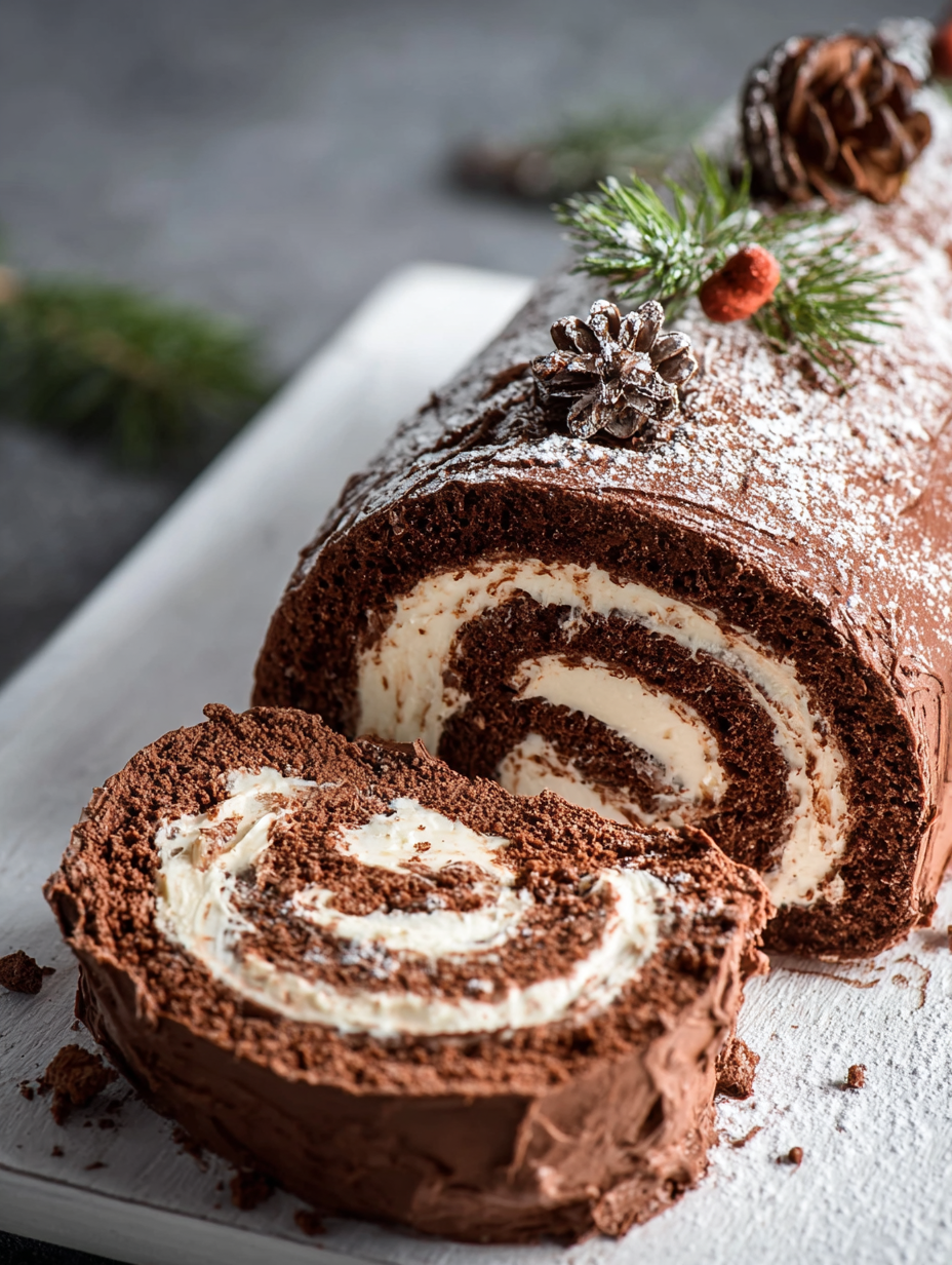 A chocolate cake with white icing and a sprig of pine on top.
