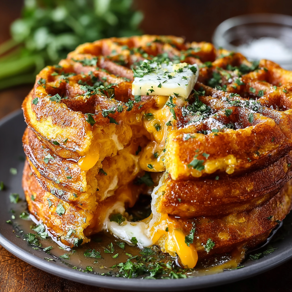 Jalapeño Cheddar Cornbread Waffles with Honey Butter Drizzle elevate your brunch!