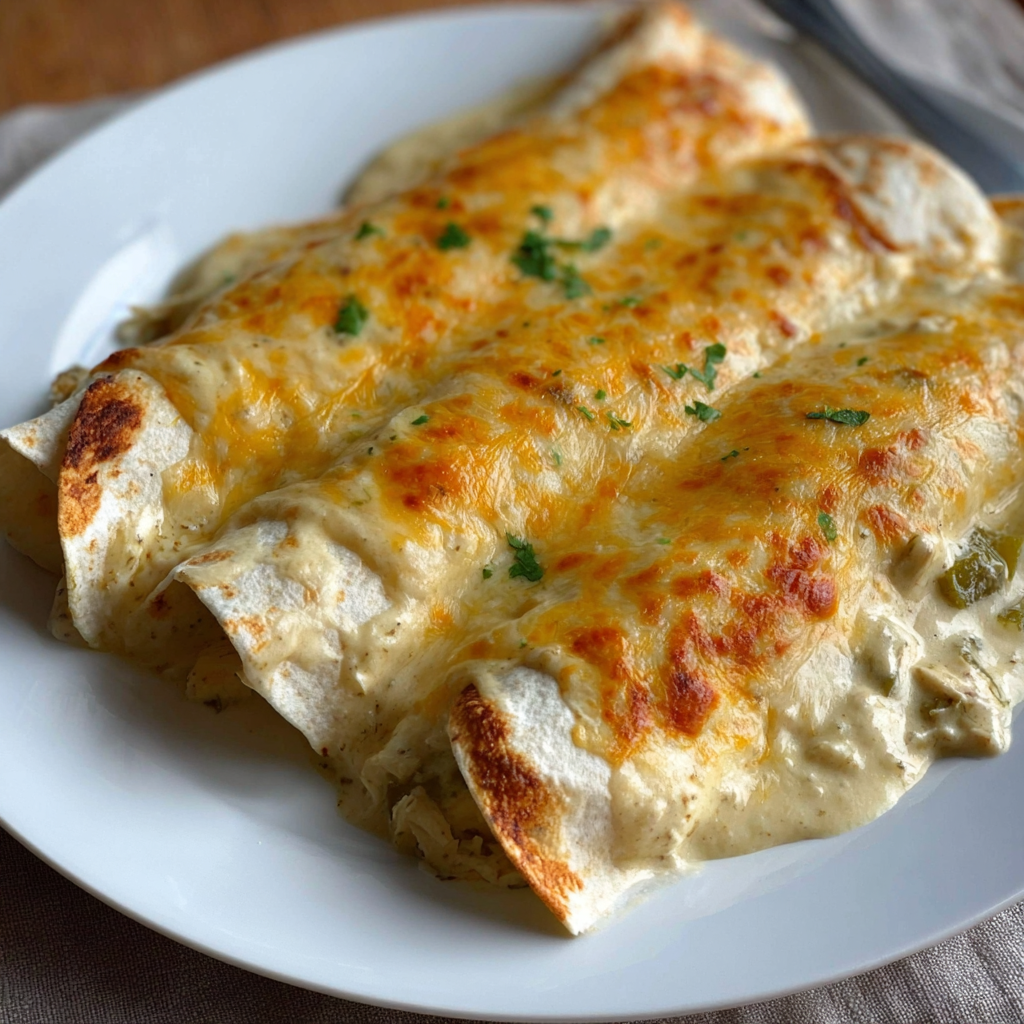 A plate of creamy white chicken enchiladas.