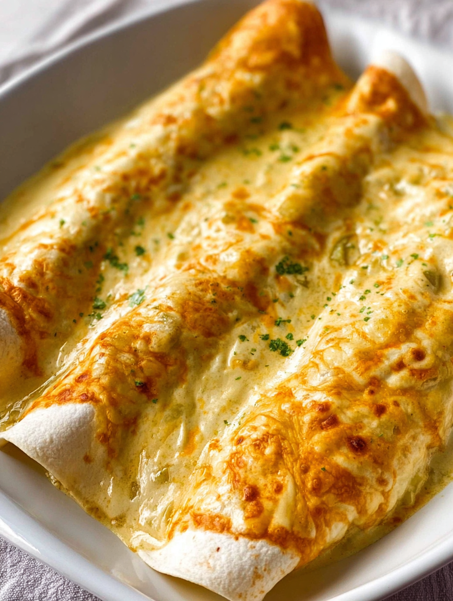 A plate of creamy white chicken enchiladas.