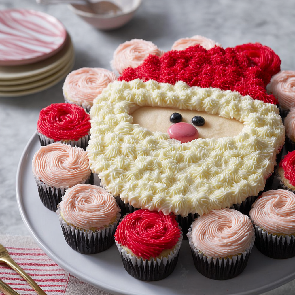 A Santa Claus cake with white frosting and red decorations.
