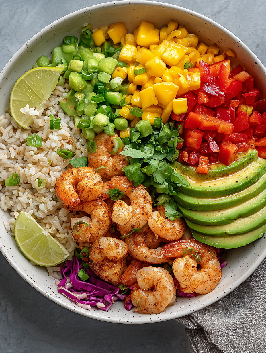 A bowl of shrimp, rice, and vegetables.