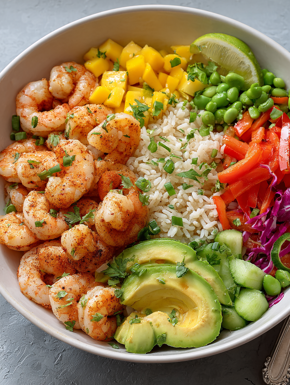 A bowl of shrimp, rice, and vegetables.