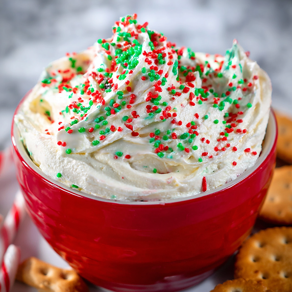 A red bowl of Christmas tree cake dip.