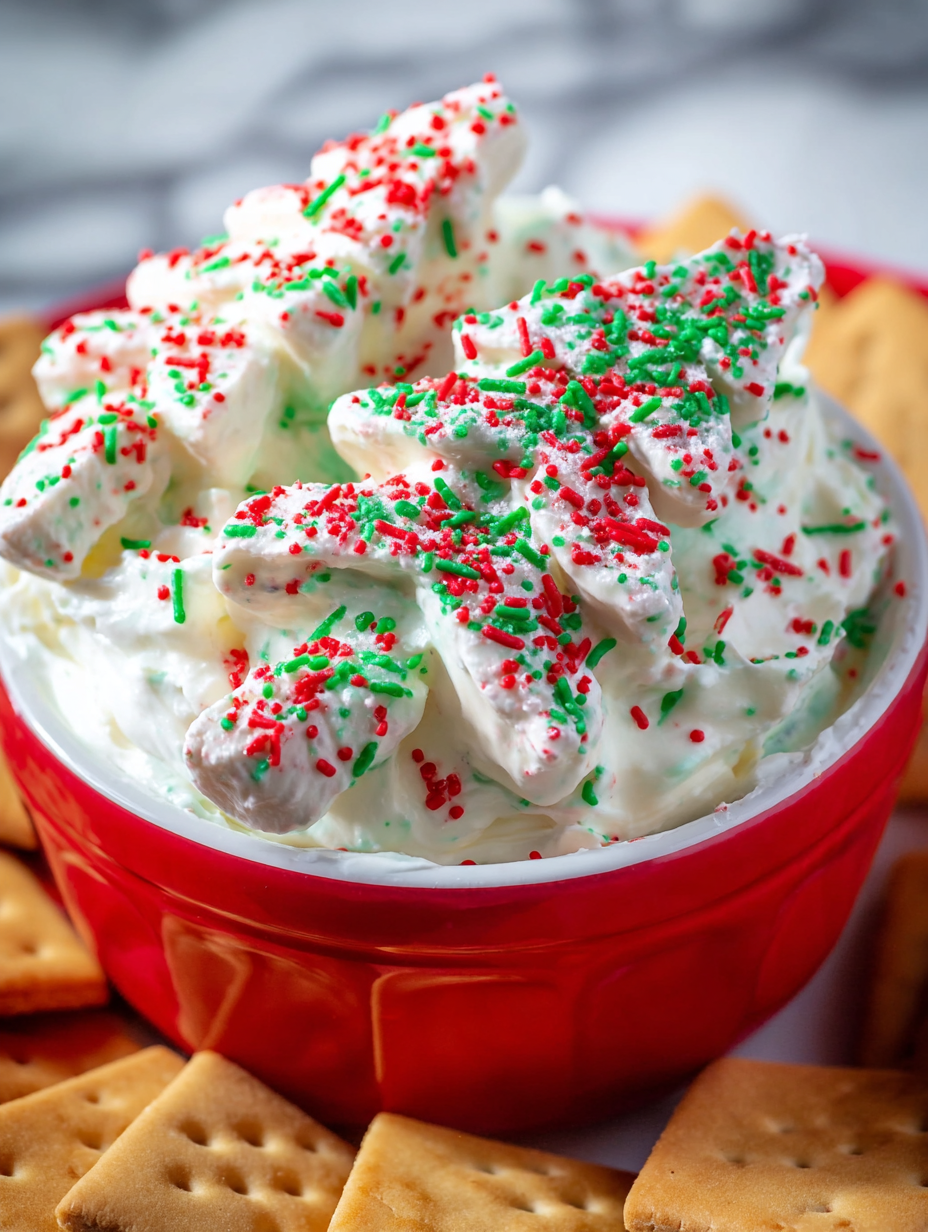 A bowl of white cream with red and green sprinkles.