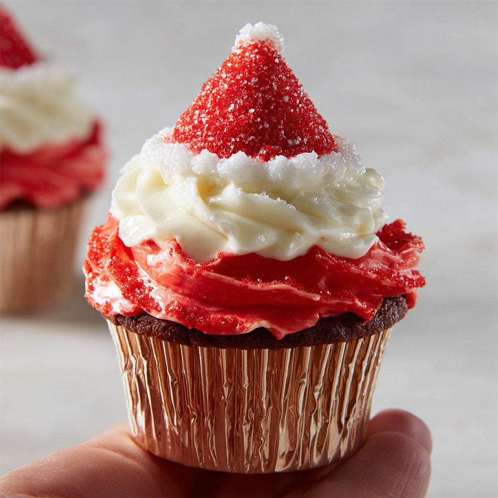 A person is holding a cupcake with a red and white Santa hat.