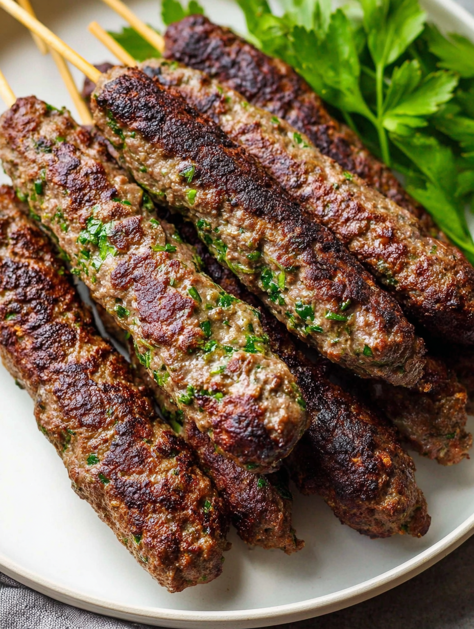 A plate of beef kafta kebabs.