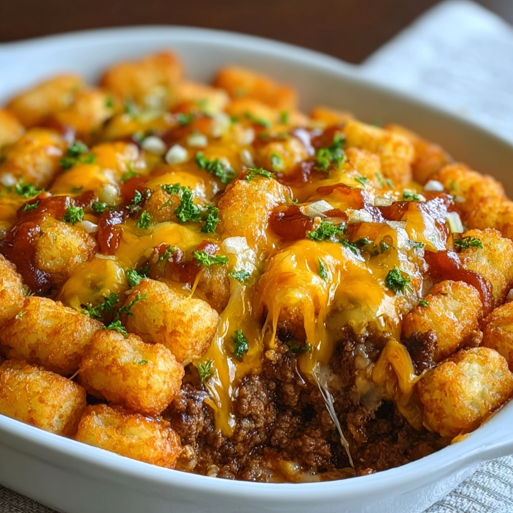 A delicious cheeseburger tater tot casserole.