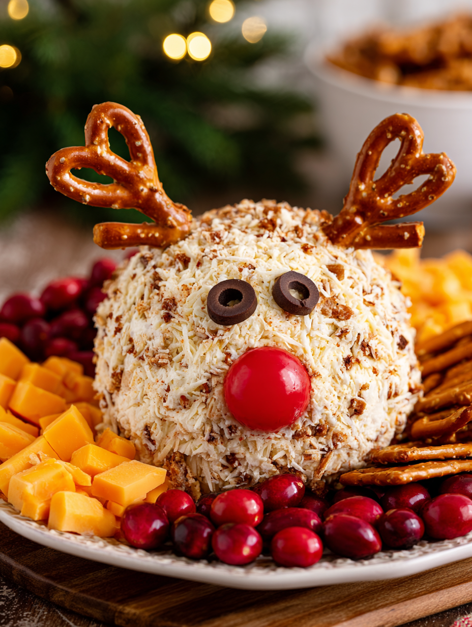 A cheese ball shaped like a reindeer.