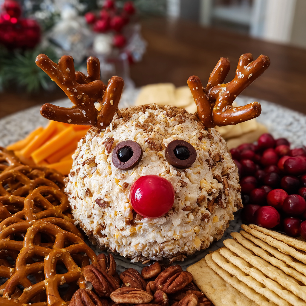 A cheese ball shaped like a reindeer.