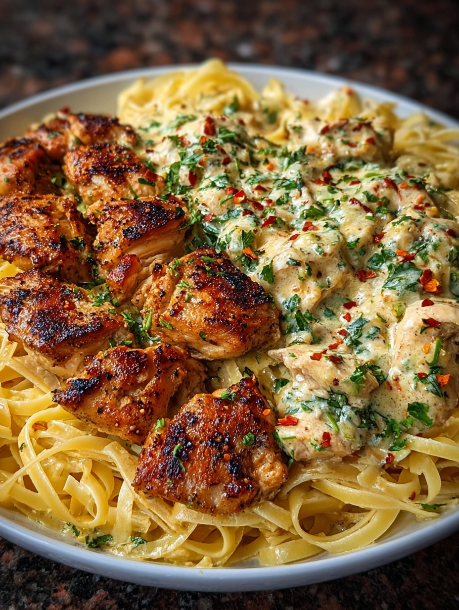 A plate of food with chicken and pasta.