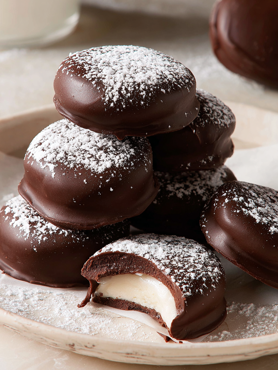 A stack of chocolate covered peppermint patties.
