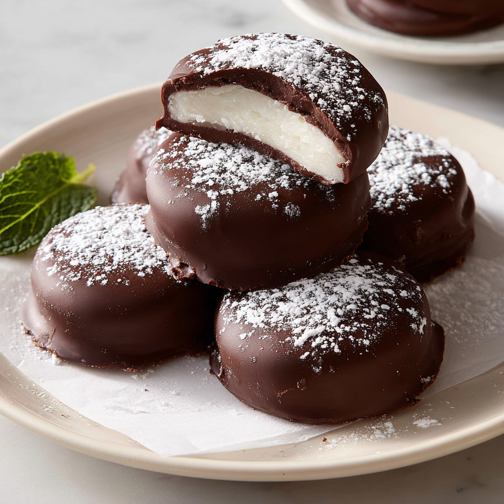 A plate of chocolate covered peppermint patties.