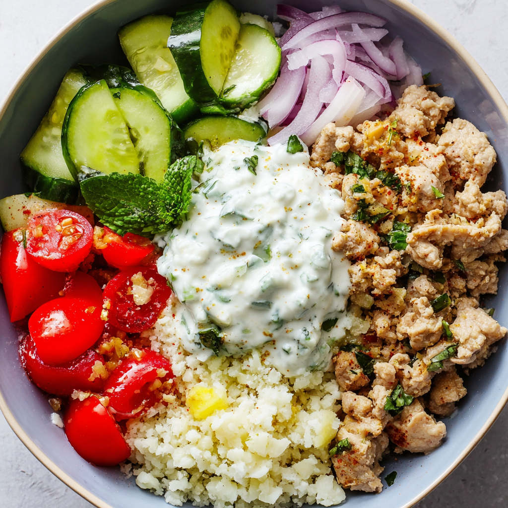 A bowl of food with a variety of ingredients including rice, meat, and vegetables.
