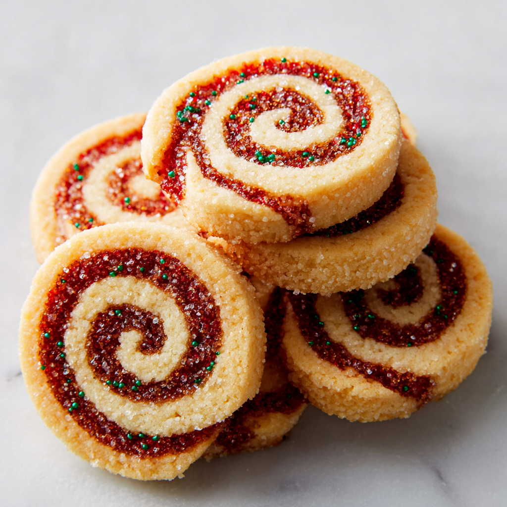 Pinwheel cookies on a marble counter.