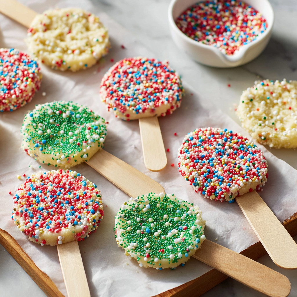 A tray of colorful holiday cookie pops.