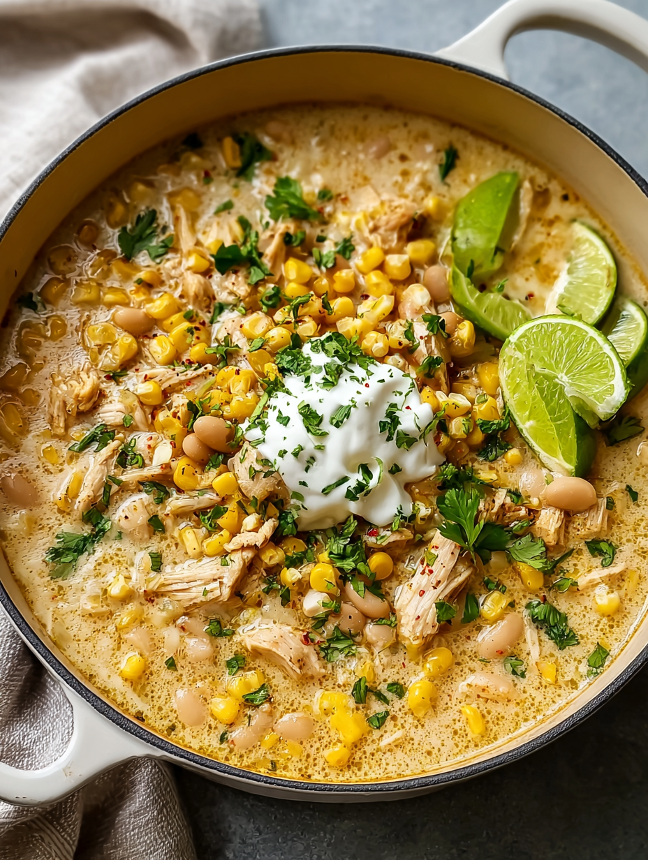 A bowl of Mexican street corn white chicken chili.