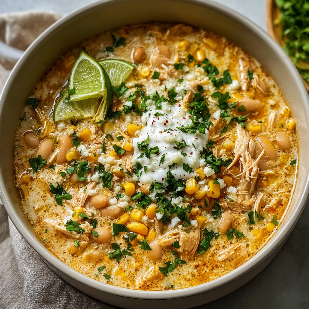 A bowl of Mexican street corn white chicken chili.