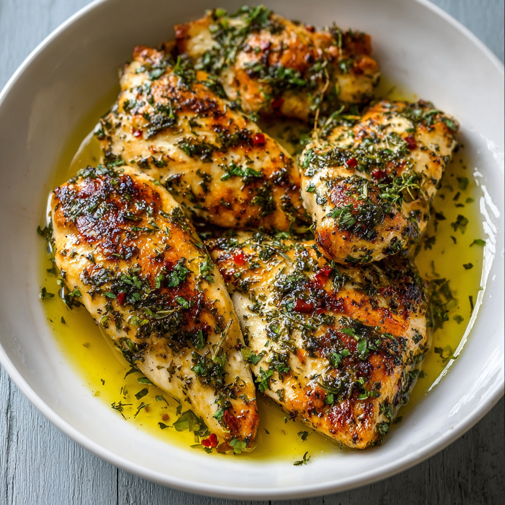 A white bowl filled with chicken pieces covered in a Greek marinade.