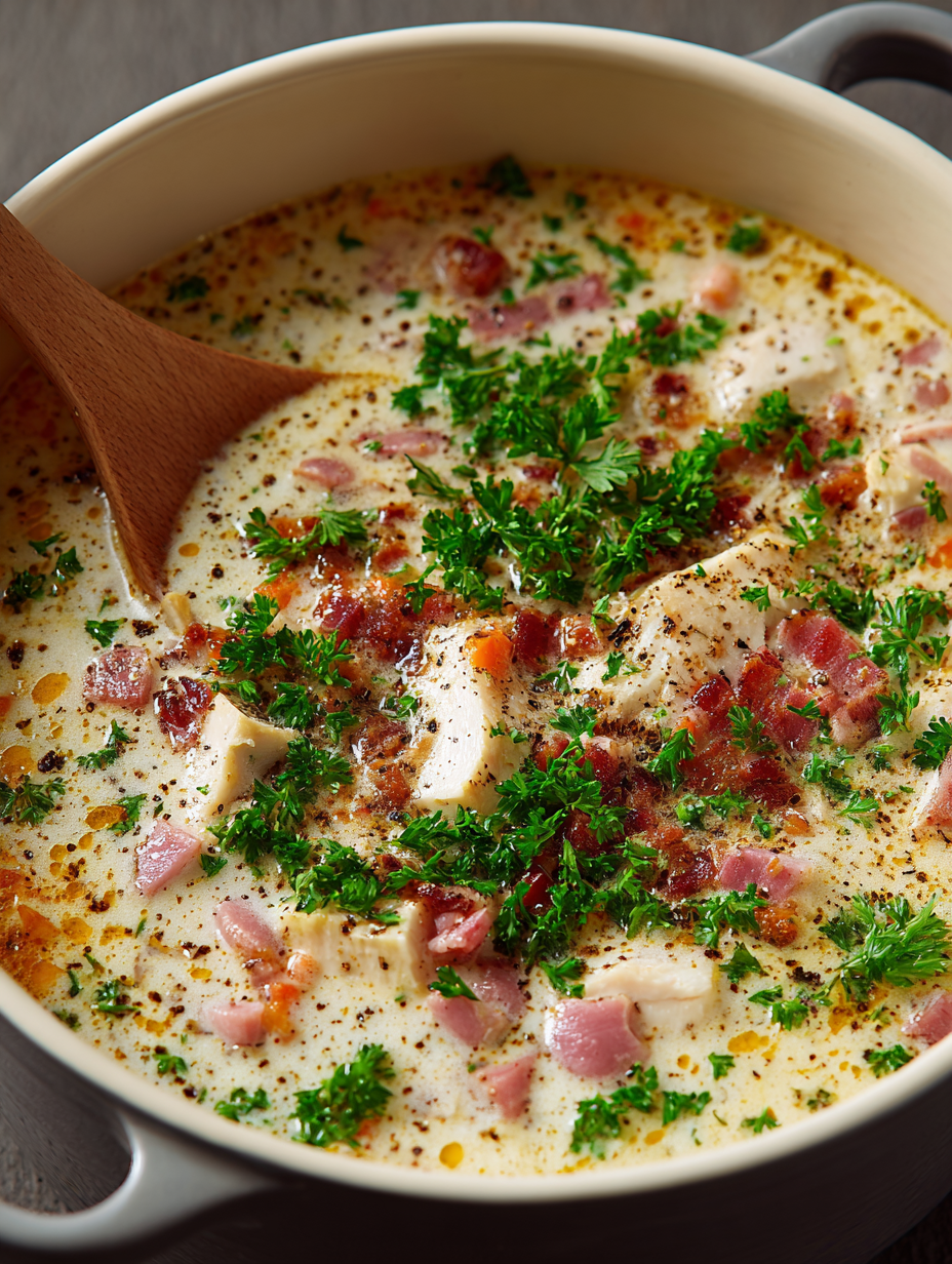 A bowl of chicken cordon bleu soup.