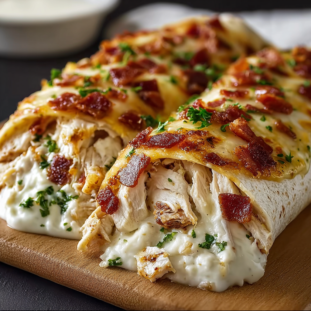A cheesy chicken bacon bake wrap on a wooden cutting board.