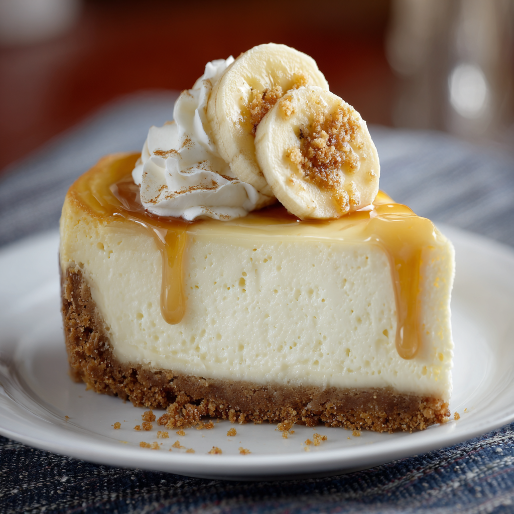 A slice of Banana Bliss Cheesecake on a plate.