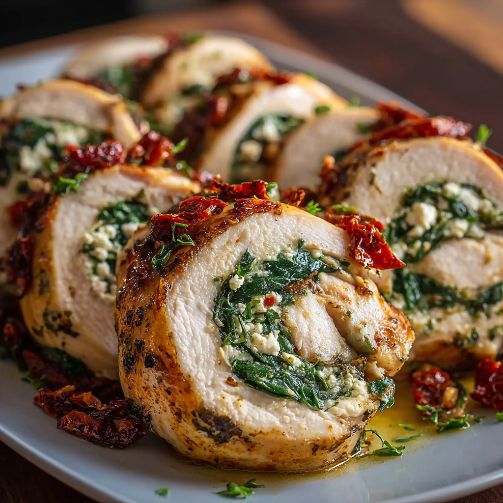 A plate of rolled up chicken with feta, spinach, and sun-dried tomatoes.