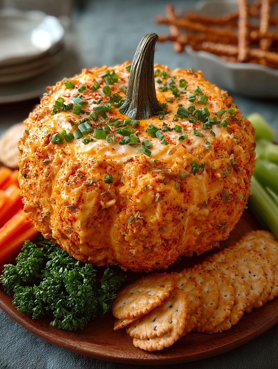 A pumpkin shaped cheese ball with a stick in it.