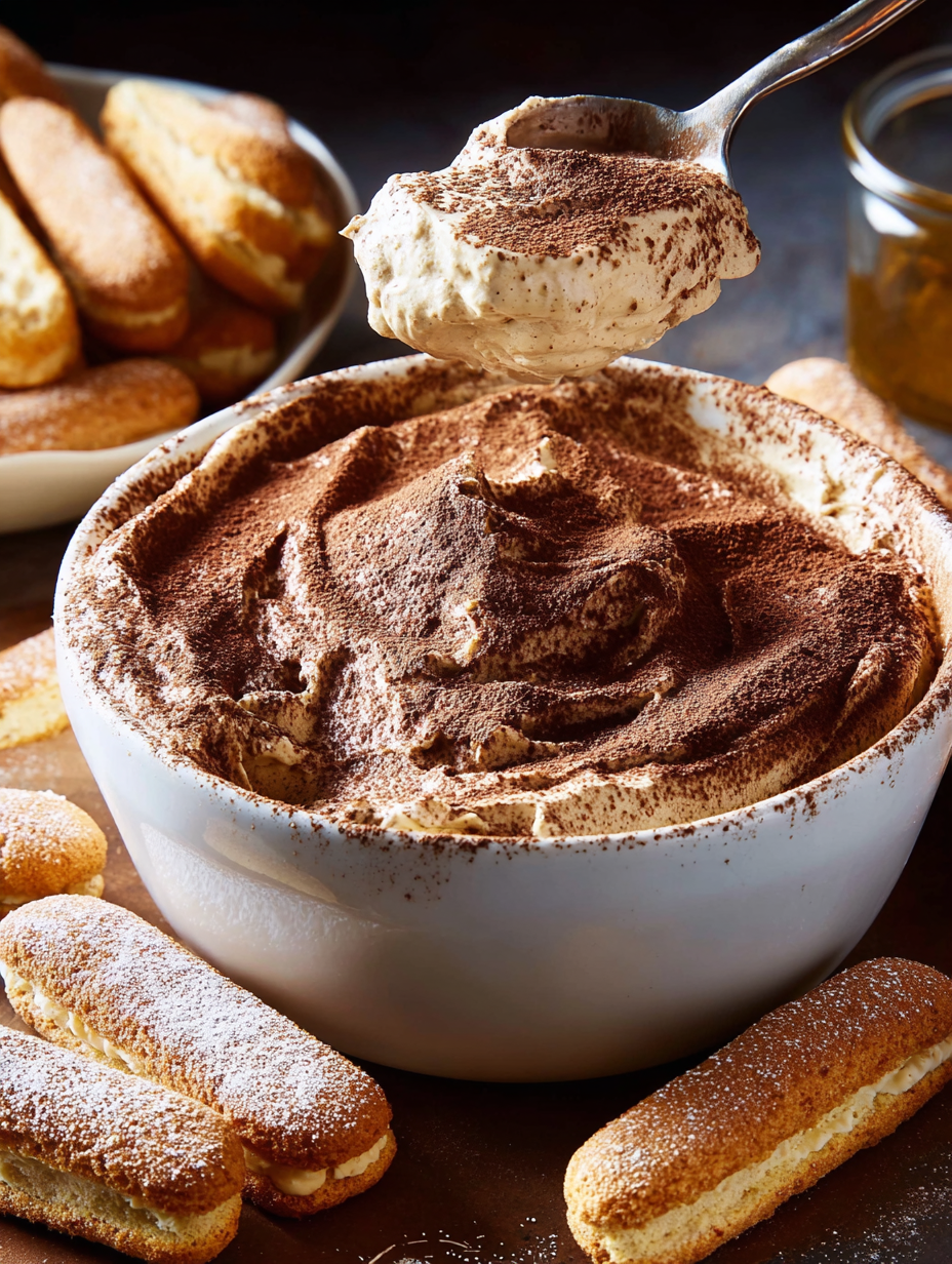 A bowl of Tiramisu dip with a spoon in it.